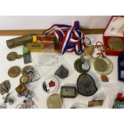 448 - Selection of cycling memorabilia including medals, badges, miniatures, accessories etc