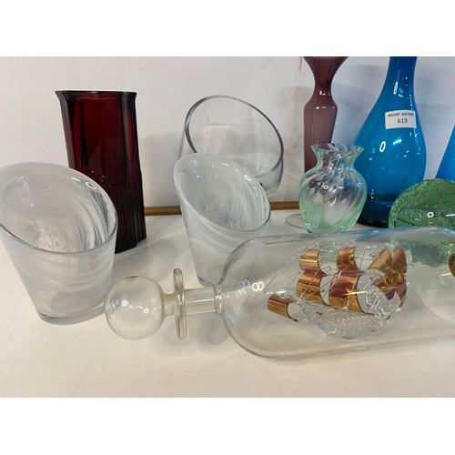 619 - Assortment of coloured and vintage glassware