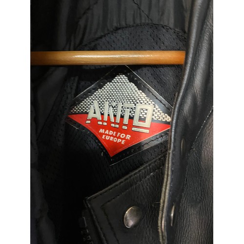 637 - Akito black leather motorcycle jacket, label states UK size 44