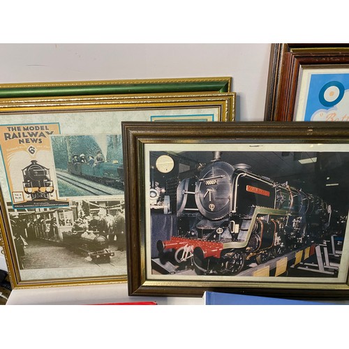 646 - Box of framed railway pictures and assorted books and DVD's