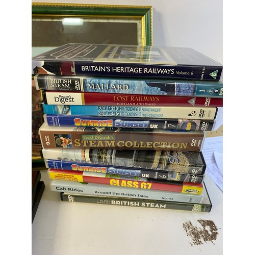 646 - Box of framed railway pictures and assorted books and DVD's