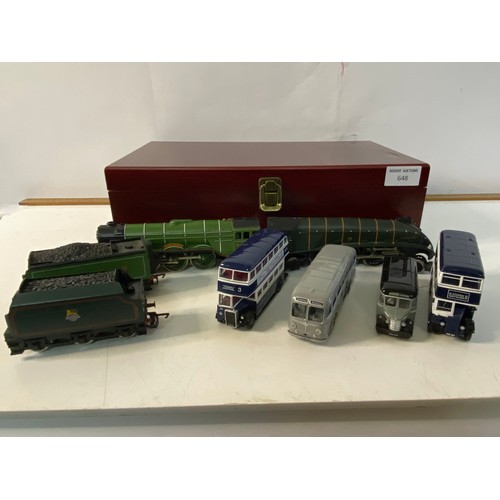 648 - Selection of model buses and trains including Flying Scotsman, Mallard and Blackpool buses.