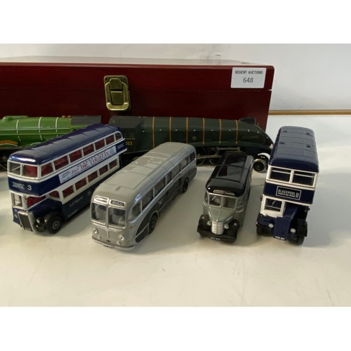 648 - Selection of model buses and trains including Flying Scotsman, Mallard and Blackpool buses.