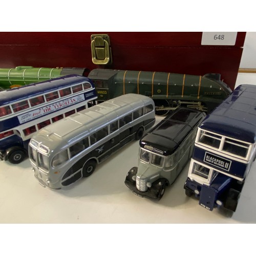 648 - Selection of model buses and trains including Flying Scotsman, Mallard and Blackpool buses.