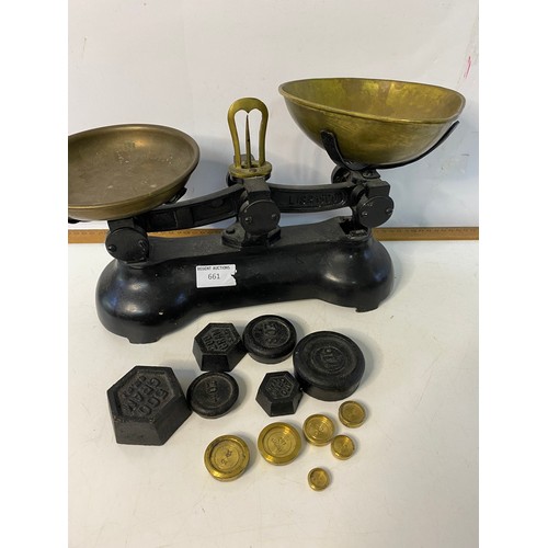 661 - Vintage Librasco kitchen scales with assorted weights plus brass companion tools on stand