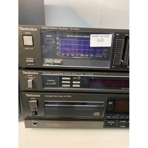 668 - Technics hifi separates including SL-P550 CD player, ST-5707 tuner and SH-8044 Equalizer. Also a pai... 