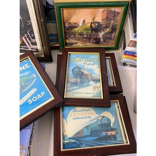 646 - Box of framed railway pictures and assorted books and DVD's