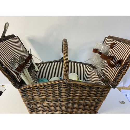 689 - Vintage wicker picnic hamper and contents including melamex cups and saucers.