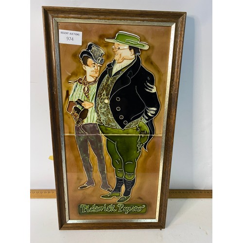 974 - Pair of framed hand Majolica tile art entitled 'Victorian News Vendors' and 'Pickwick Papers' Measur... 