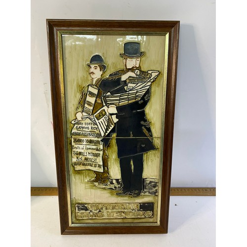 974 - Pair of framed hand Majolica tile art entitled 'Victorian News Vendors' and 'Pickwick Papers' Measur... 