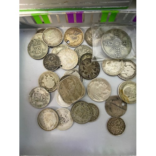 969 - 3 tins of old coins plus a tray of half silver and full silver coins