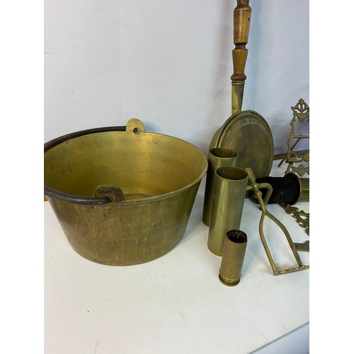 955 - Collection of brassware including jam pots, ammunition shells, hot water bottle etc