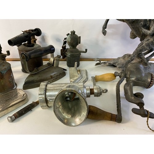 882 - Selection of metalware including blow torches, cardbide lamps, pewter horse, iron etc