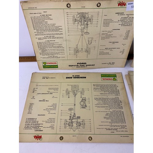 554 - Collection of vintage BP energol lubrication charts, Vauxhall, Hillman, Citroen, Wolsley, Mercedes, ... 