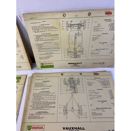 554 - Collection of vintage BP energol lubrication charts, Vauxhall, Hillman, Citroen, Wolsley, Mercedes, ... 