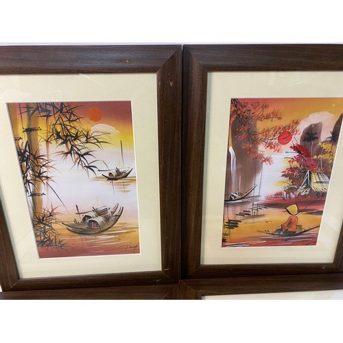 714 - 4 x framed Japanese silk oil paintings measuring 44 x 34.5 cms