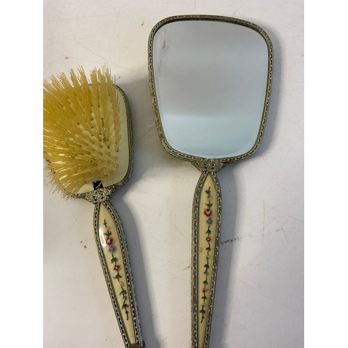 814 - Vintage dressing table set comprising hair brush, clothes brush, comb and a mirror, handle needs rep... 