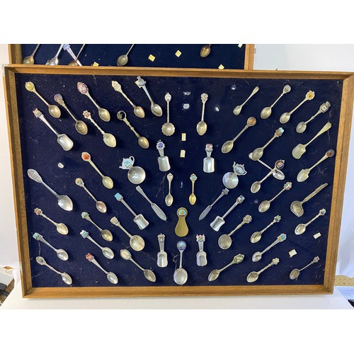 831 - Large collection of collectable spoons in 3 x framed display cases, one with glass measuring 62x88cm... 