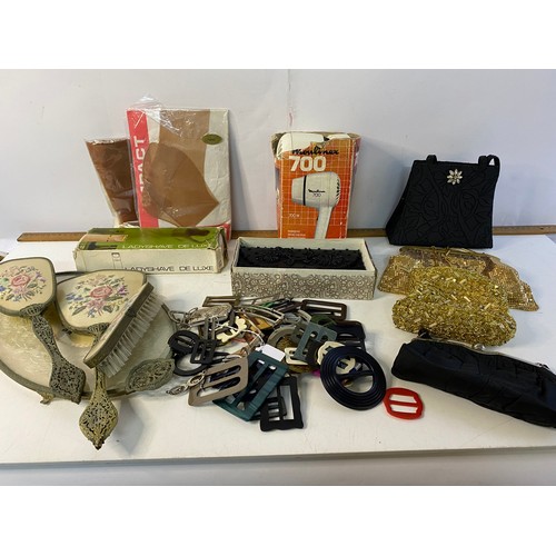 722 - Assortment of ladies vintage vanity items including dressing table set, handbags, belt buckles etc