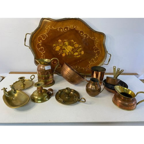 723 - Assortment of copper and brassware on an Italian marquetry inlaid serving tray