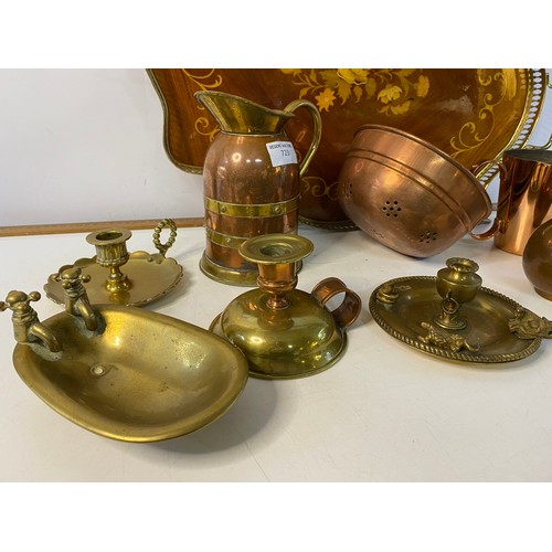 723 - Assortment of copper and brassware on an Italian marquetry inlaid serving tray