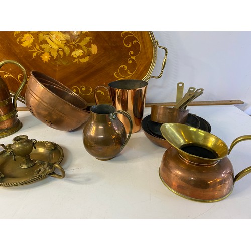 723 - Assortment of copper and brassware on an Italian marquetry inlaid serving tray