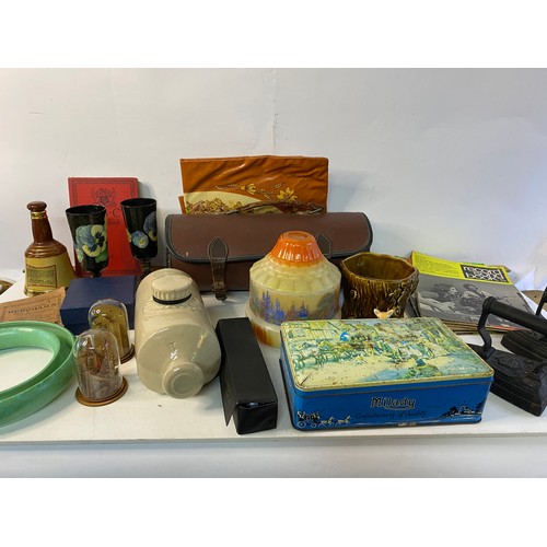 741 - Mixed box lot of collectables including flat irons  lawn bowls, ceramics, ephemera etc