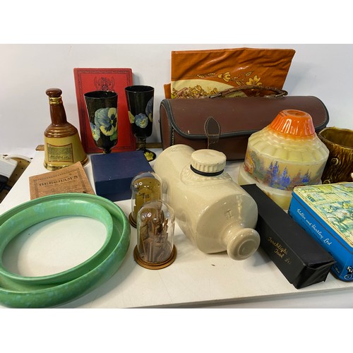 741 - Mixed box lot of collectables including flat irons  lawn bowls, ceramics, ephemera etc