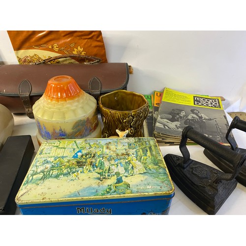 741 - Mixed box lot of collectables including flat irons  lawn bowls, ceramics, ephemera etc