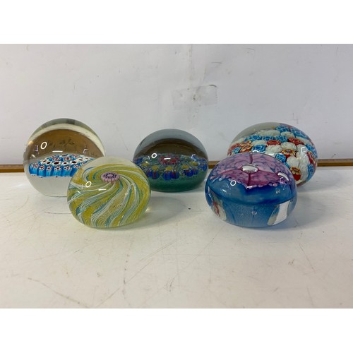 909 - 5 vintage Millefiori hand made paperweights.