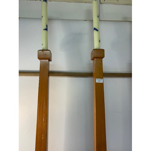 948 - 3 Large wooden candle sticks with candles from West Lancs Masons 112cms tall