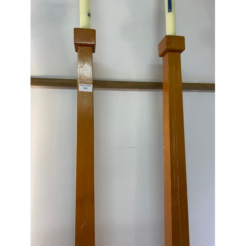 948 - 3 Large wooden candle sticks with candles from West Lancs Masons 112cms tall