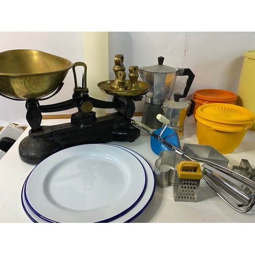 765 - Selection of vintage kitchen ware including Librasco Scales and weights, Tupperware and utensils.