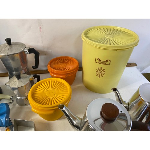 765 - Selection of vintage kitchen ware including Librasco Scales and weights, Tupperware and utensils.