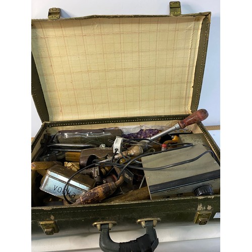 845 - Vintage suitcase with assortment of vintage tools including hammer, drill, plane, screwdrivers etc a... 