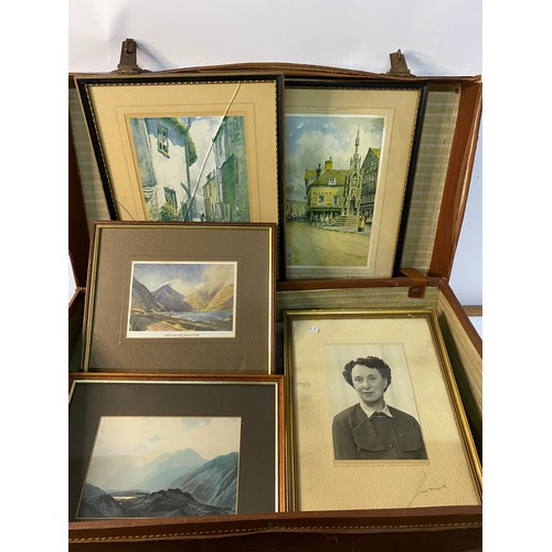 846 - Vintage suitcase with selection of vintage framed pictures, largest is 35x25cms