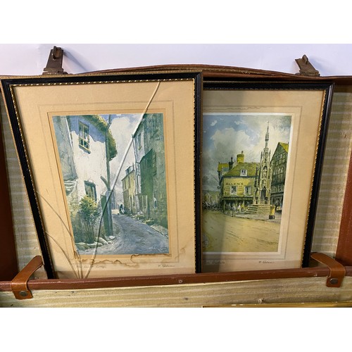 846 - Vintage suitcase with selection of vintage framed pictures, largest is 35x25cms