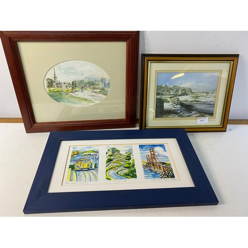 851 - 3 x framed artworks, artists include Mark Monserrat which measures 43x25cms