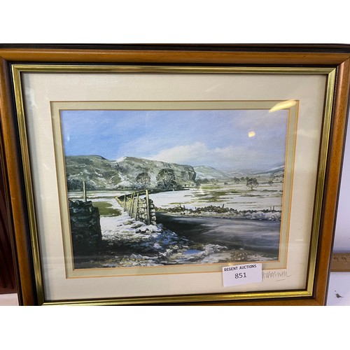 851 - 3 x framed artworks, artists include Mark Monserrat which measures 43x25cms