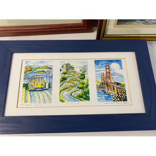 851 - 3 x framed artworks, artists include Mark Monserrat which measures 43x25cms