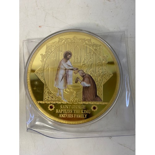 1006 - Set of 3 large gold tone commemorative coins of St George and the Dragon, St George baptises the Kin... 