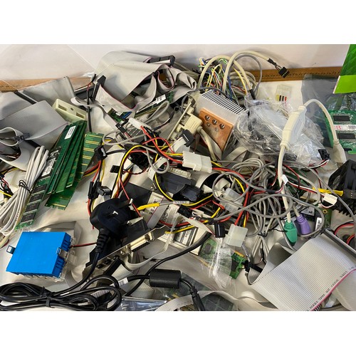 114 - Large selection of computer parts including power supplies, chips, fans and cables.