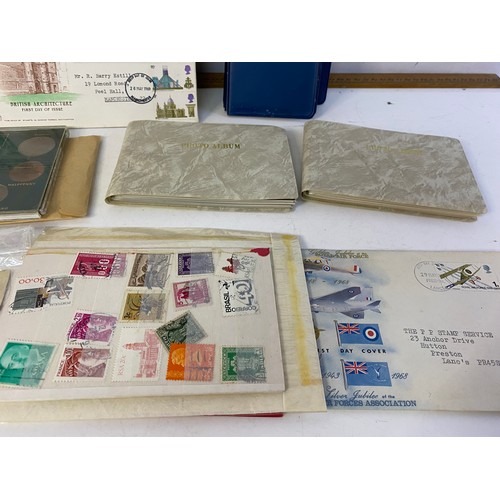 127 - Collection of assorted stamps, coins, First Day Covers and albums of Blackpool tram original photos.