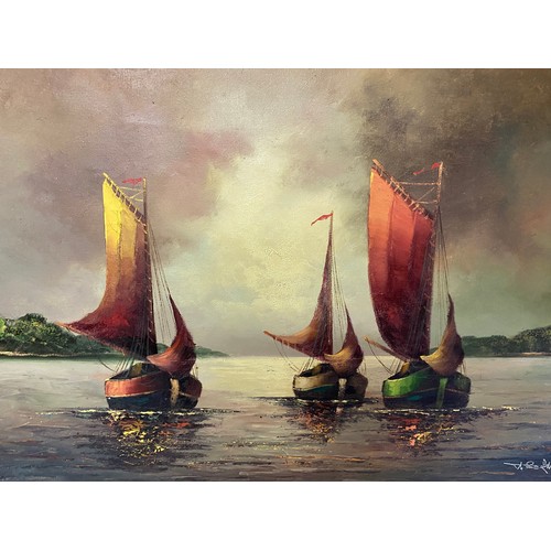 141 - Vintage Theodore Beckmann (born 1921) original framed oil on canvas artwork of sailing boats. 105x75... 