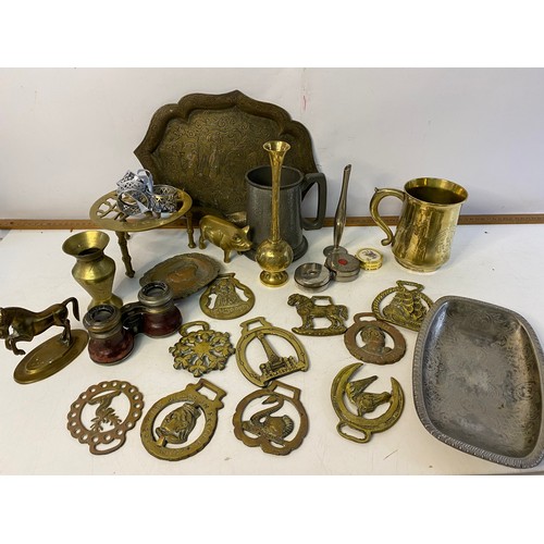 151 - Selection of metalware and collectables including Field and Marine binoculars and horse brasses.