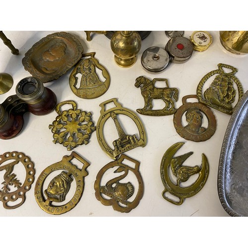 151 - Selection of metalware and collectables including Field and Marine binoculars and horse brasses.