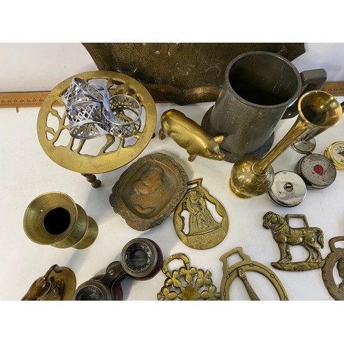 151 - Selection of metalware and collectables including Field and Marine binoculars and horse brasses.