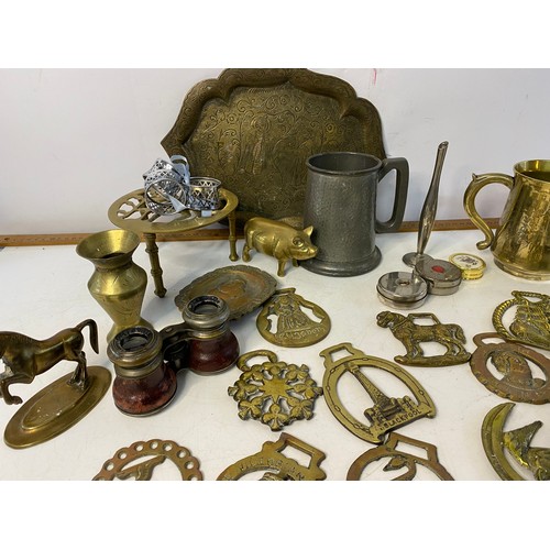 151 - Selection of metalware and collectables including Field and Marine binoculars and horse brasses.