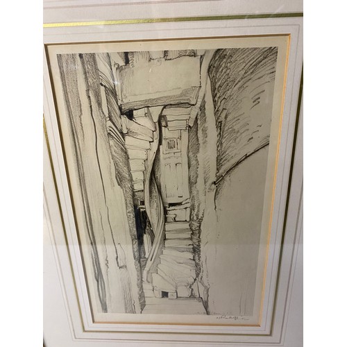 159 - Sir William Russell Flint Ra framed print of spiral staircase in Dinan, hand signed in pencil 37x47c... 