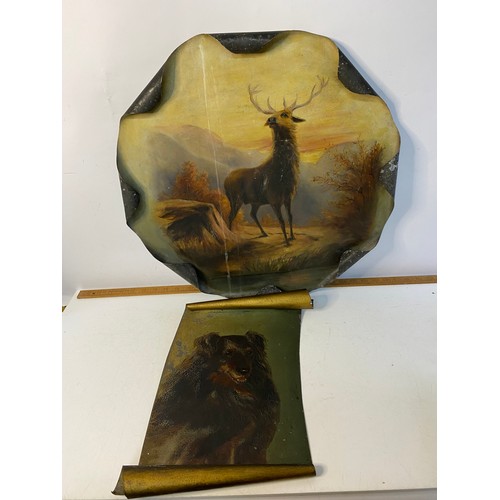 488 - 2 metal plaques with painted pictures of a Stag and a Dog, stag plaque is 53 cms diameter and the do... 